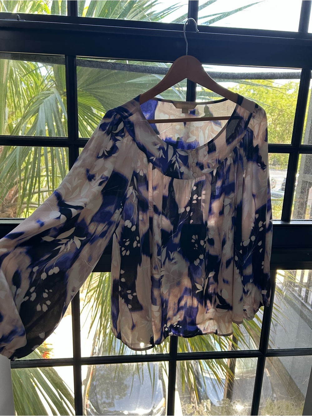 Flowy Blue and White Floral Peasant Blouse